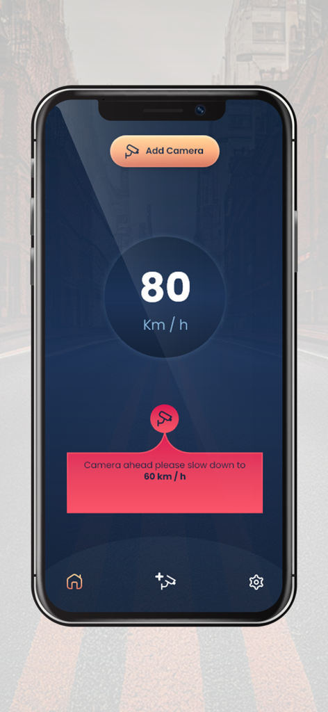 Speed Camera (Radar) detector - Speed Camera Radar detector app interface showing a speedometer and a speed warning alert