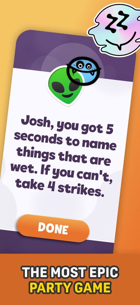 Party Circleのゲームプレイ画面。グループパーティー向けの5秒間ネーミングチャレンジが表示されている。