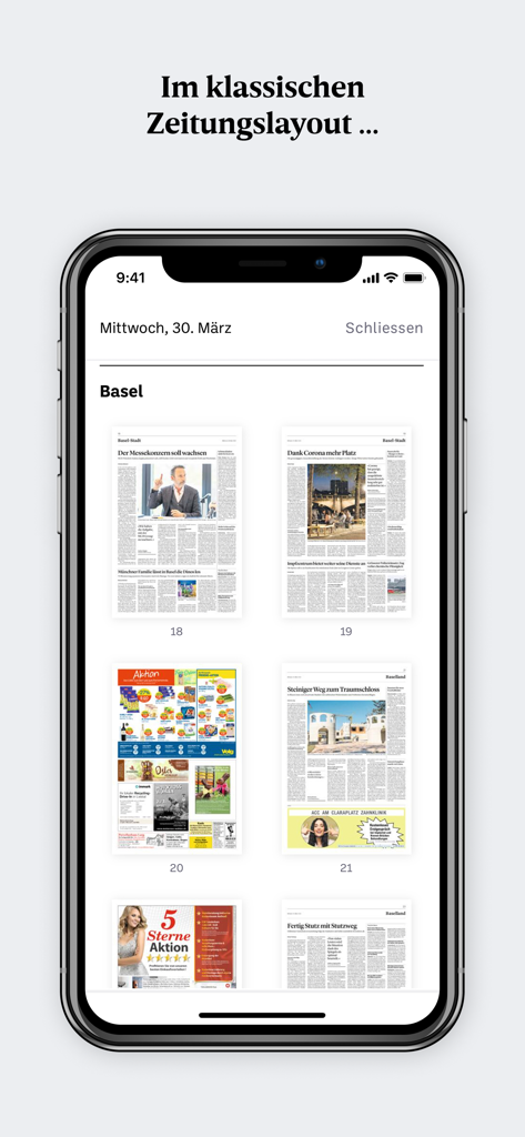 Smartphone screen showing the bz Zeitung aus Basel e-paper app in its classic newspaper layout view