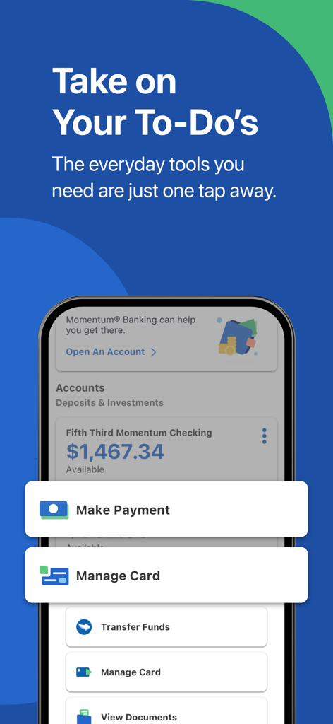Smartphone screen displaying the Fifth Third 53 Mobile Banking app dashboard with checking account balance and quick action buttons for payments and card management