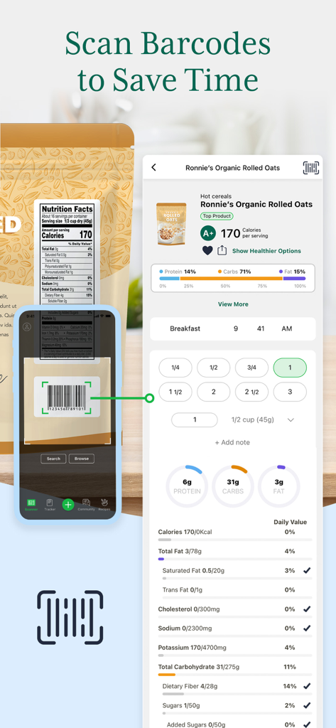Fooducate: Nutrition Coach - オーガニックオーツ麦のバーコードスキャンと栄養評価を示すFooducateアプリのインターフェース