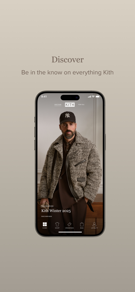 Kith app Discover screen showing the Winter 2025 lookbook with a model in streetwear fashion