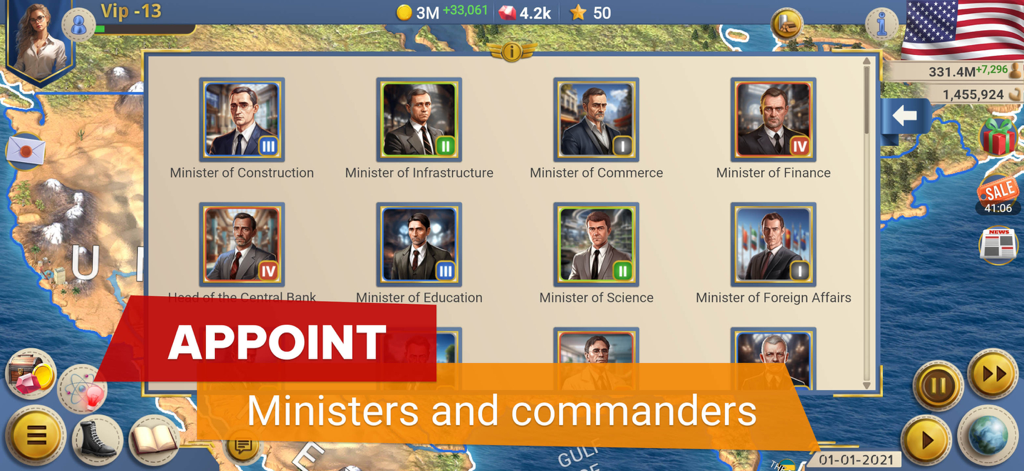 Interface of MA 2 President Simulator showing the appointment of government ministers and commanders