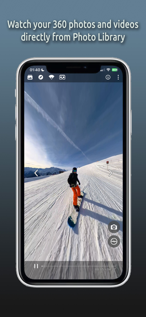 Simple 360 VR Media Player App - Captura de pantalla de iPhone que muestra un video de 360 grados de un snowboarder en una montaña dentro de la aplicación Simple 360 VR Media Player