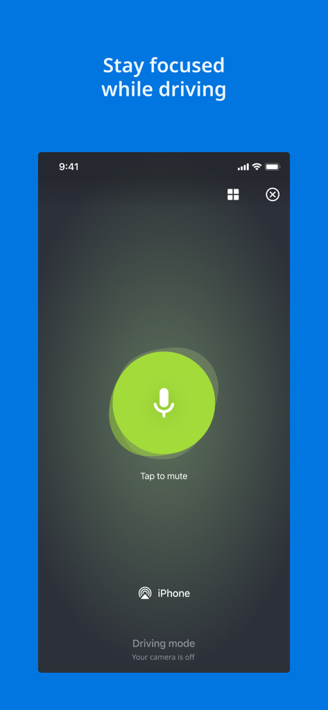AnyMeeting mobile app interface showing Driving Mode with a large mute button to stay focused while driving.