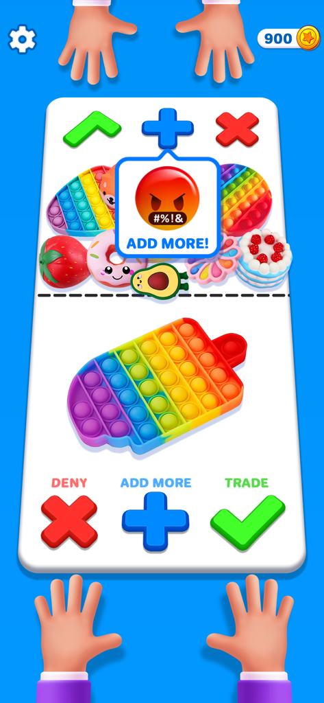 Fidget Trading 3D: Pop It Toy - A colorful 3D gameplay screen of Fidget Trading showing a player negotiating a trade for various pop-it toys with an opponent.