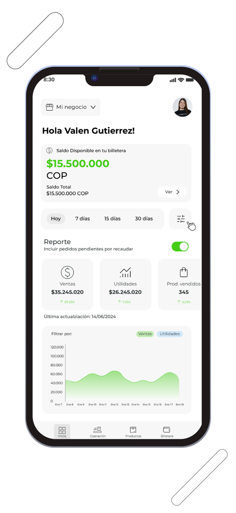 Painel do aplicativo Mastershop mostrando relatórios de vendas e saldo da carteira.