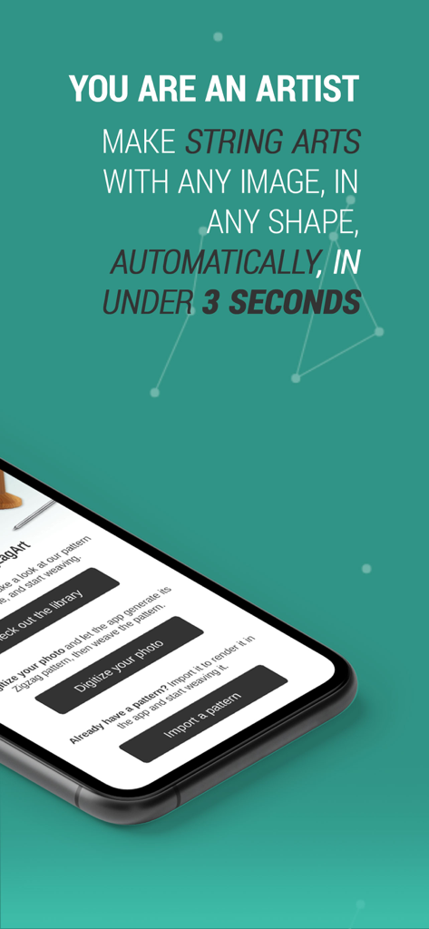 String Art DIY - iPhone screen showing String Art DIY app interface with options to digitize photos and create string art patterns in under 3 seconds.