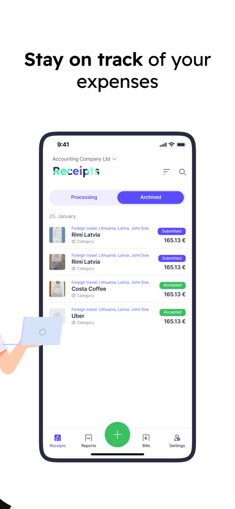 Mobile app interface of Envoice showing a list of submitted and accepted business receipts
