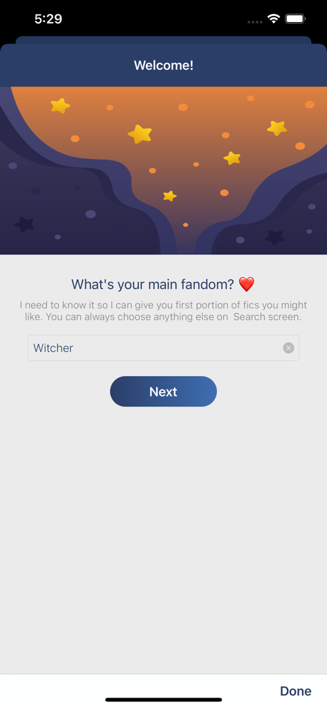 FFS: Unofficial AO3 Reader app - Welcome screen of the FFS AO3 Reader app asking users to enter their favorite fandom.