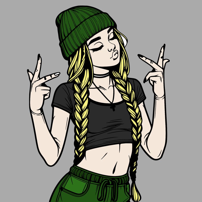 realistic teenage girl with braids and a beanie and crop top doing 🫶🏼