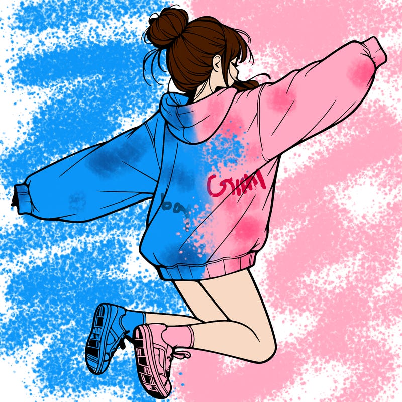 realistic girl jumping with a bun and oversized sweatshirt