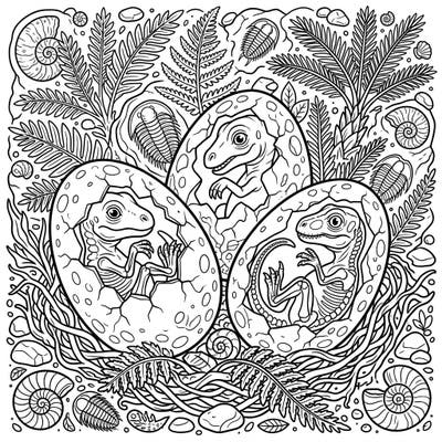 Embark on a thrilling journey back in time with this captivating coloring page featuring embryonic dinosaur eggs. Discover the wonders of prehistoric life as you bring these tiny, emerging creatures and their ancient habitat to vibrant life.