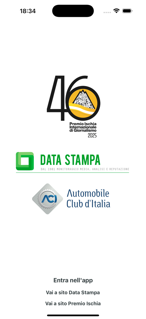 Data Stampa per Premio Ischia - Splash screen for the 46th Ischia International Journalism Prize app by Data Stampa featuring official event and partner logos.