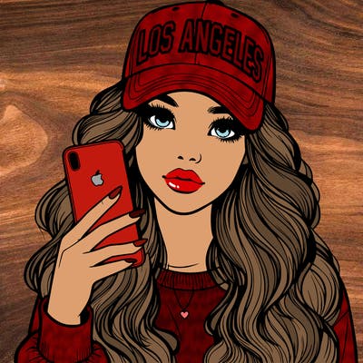 realistic beautiful girl wearing los ángeles cap holding an iphone