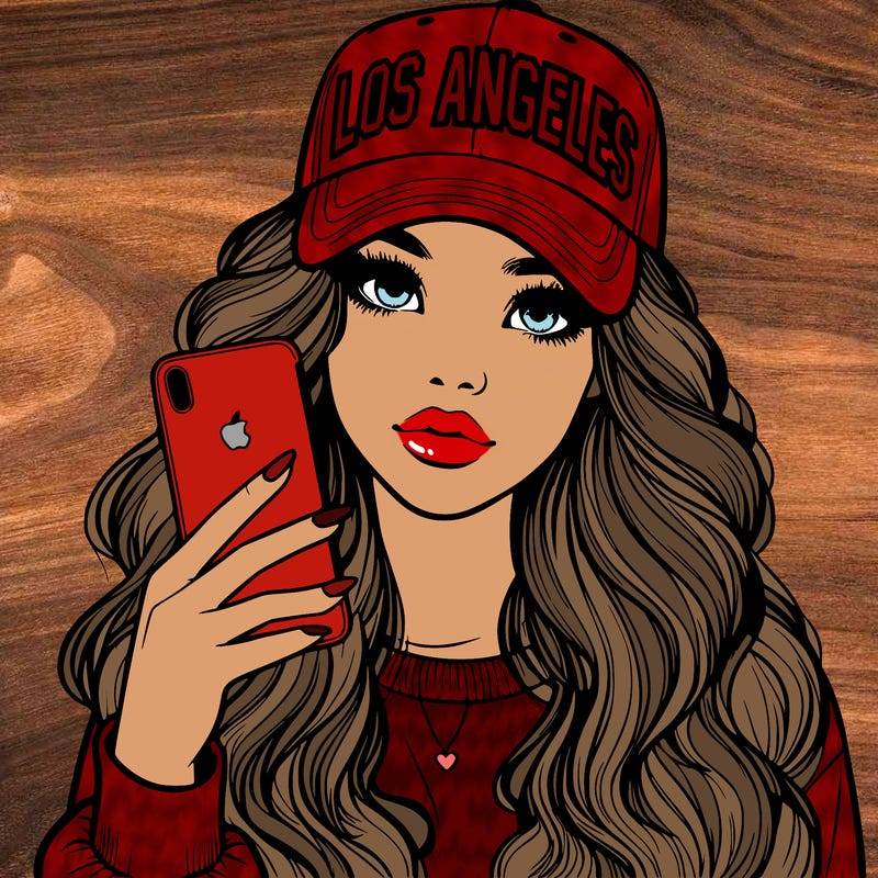 realistic beautiful girl wearing los ángeles cap holding an iphone