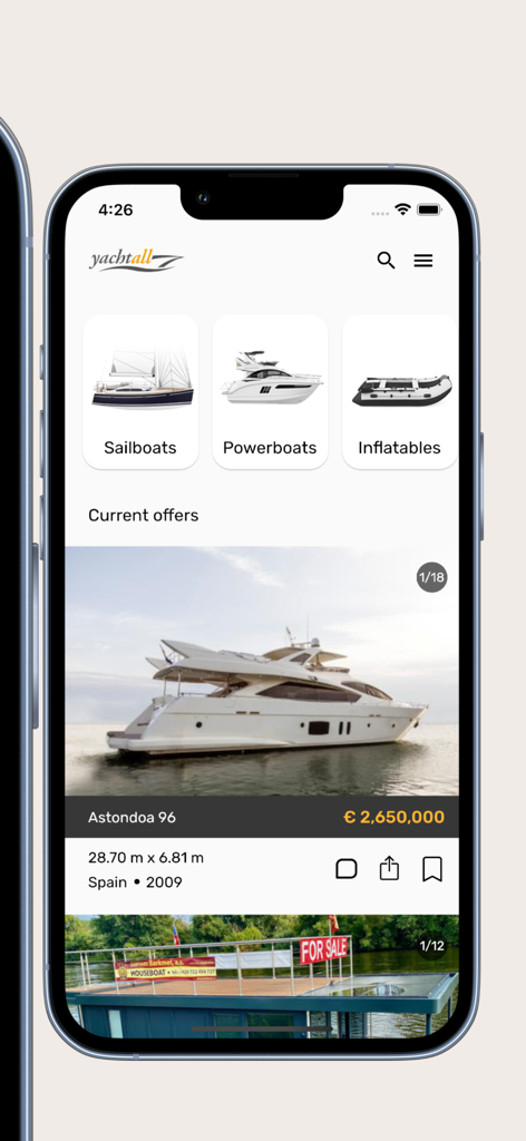 Yachtall.com - Yachtall mobile app displaying boat categories and a luxury yacht for sale