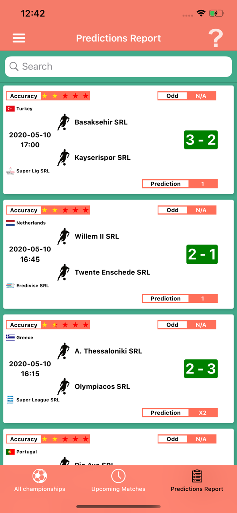 Bullet Bet Predictions app screen showing soccer match results and AI prediction accuracy ratings