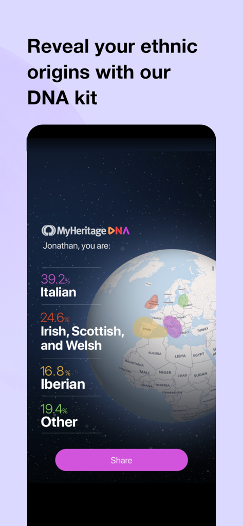 A mobile screen from the MyHeritage app showing a DNA ethnicity breakdown with percentages and a globe map.