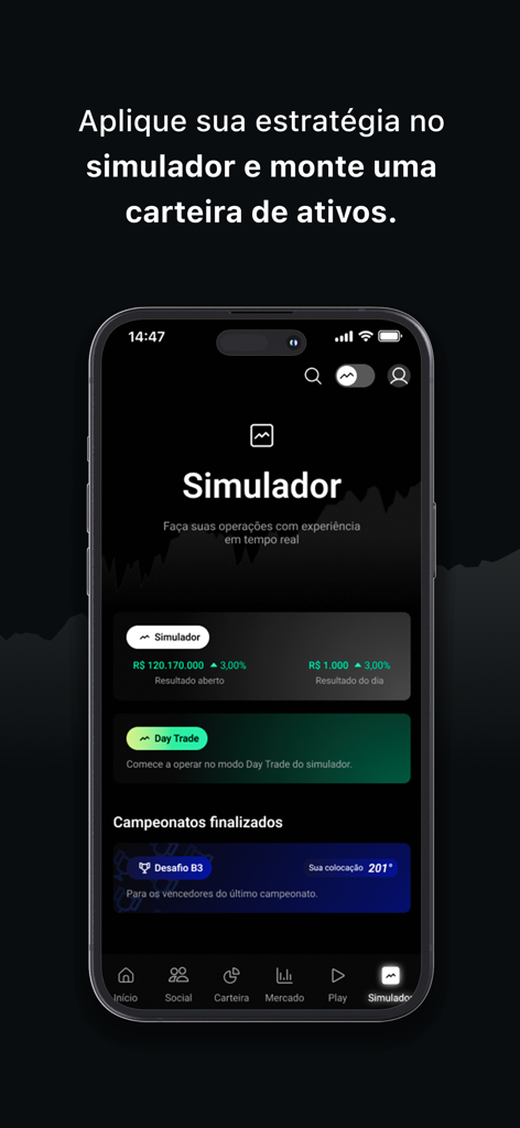 HUB3 - Gestão de Investimentos - Interfaz del simulador de inversiones de la aplicación HUB3 mostrando el rendimiento del portafolio y opciones de day trade