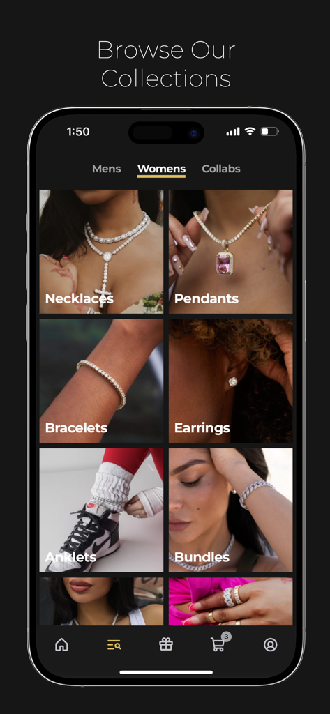 Mobile app interface for The GLD Shop showing jewelry categories like necklaces, pendants, bracelets, and earrings.