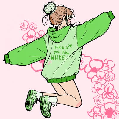 realistic girl jumping with a bun and oversized sweatshirt