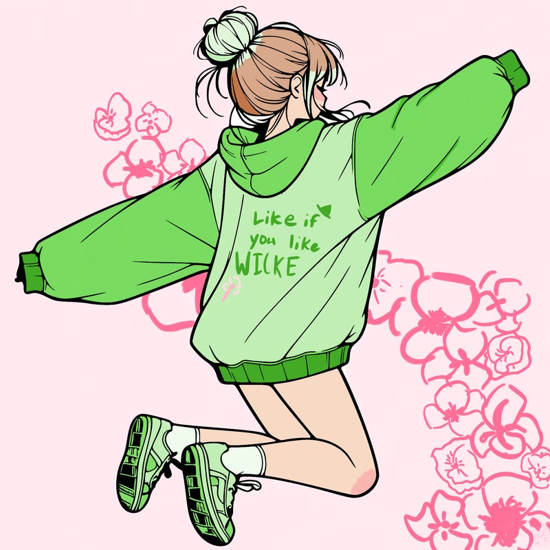 realistic girl jumping with a bun and oversized sweatshirt