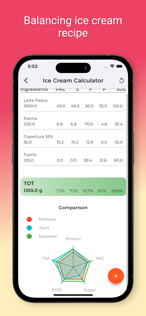 Interfaz de la calculadora de helados de la aplicación Pocket Chef que muestra análisis de ingredientes y un gráfico de radar de equilibrio de recetas.