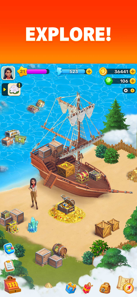 Uma personagem feminina em pé em uma praia ao lado de um navio à vela de madeira e baús de tesouro no Klondike Adventures