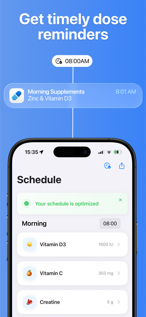 Smartphone screen showing the Supplements AI app schedule with morning vitamins and a push notification reminder.