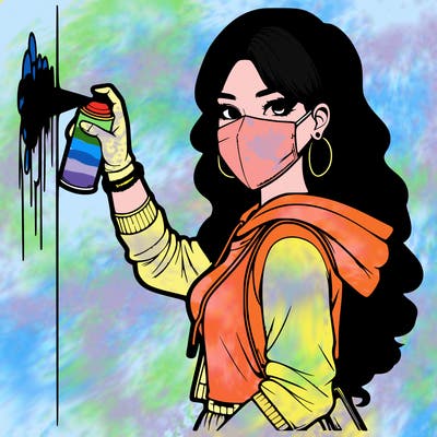 realistic girl with mask spray painting a wall