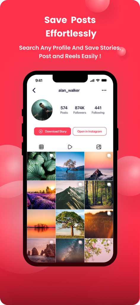 InSaver - Reel & Story Saver - InSaver mobile app interface showing how to download Instagram stories and posts from a user profile