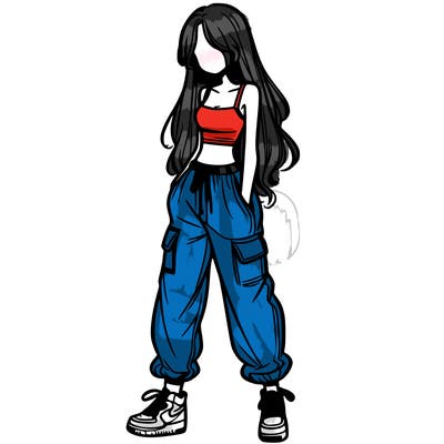 girl in baggy pants crop top and long hair