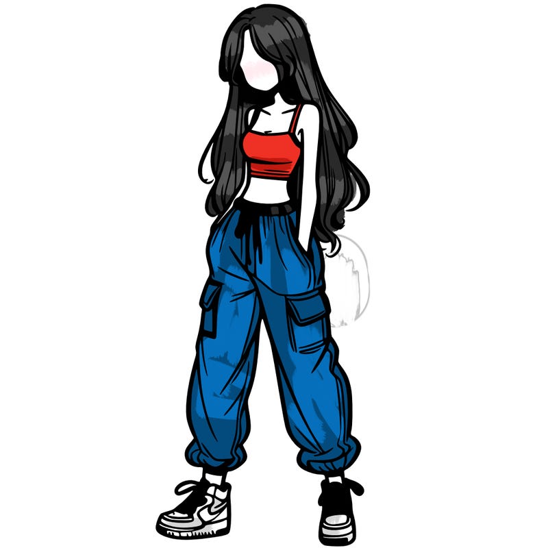 girl in baggy pants crop top and long hair
