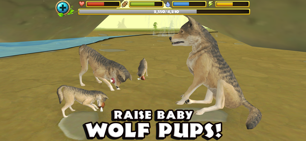 Un lupo adulto con tre cuccioli in un ambiente di tana desertica con barre di stato di gioco