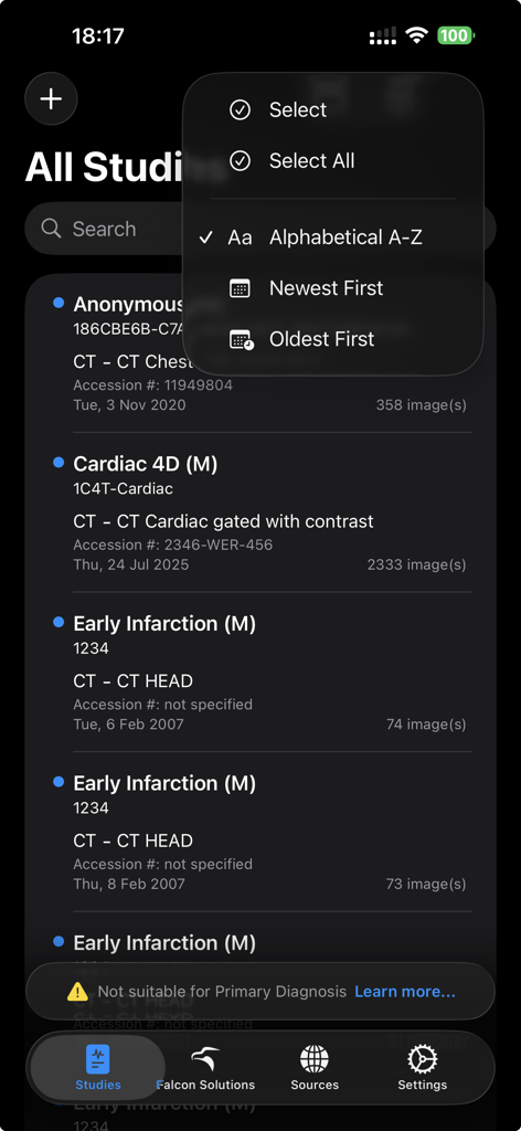 Falcon Mx - Falcon Mx medical studies list with sorting options
