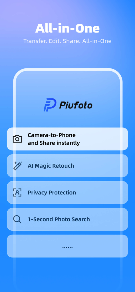 Piufoto - A menu of Piufoto app features including camera to phone transfer, AI retouching, privacy protection and photo search
