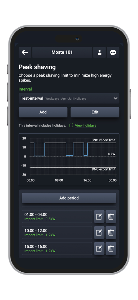 Smart Grid Connect - Interface mostrando configurações de corte de pico de energia e limite de importação