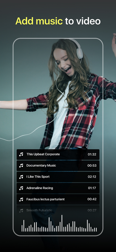 A video editing interface screen showing a music library with a list of tracks like Upbeat Corporate and Adrenaline Racing over a video of a girl dancing