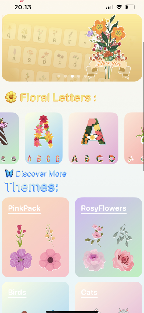 DIY Flower Language Wallpaper - Mobile app interface displaying floral alphabet letters and aesthetic flower themes like PinkPack and RosyFlowers.