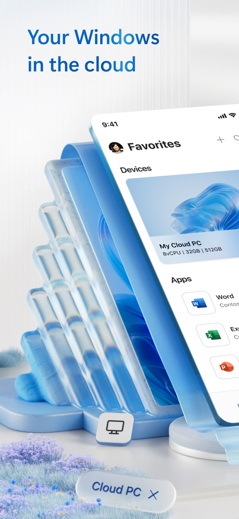 スマートフォン画面に My Cloud PC と Microsoft Office アプリが表示されている Windows App Mobile インターフェイス。