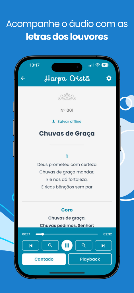 Harpa Cristã: Áudio e Playback - Interface do aplicativo Harpa Crista mostrando a letra de um hino com reprodução de áudio e controles de tamanho de texto.