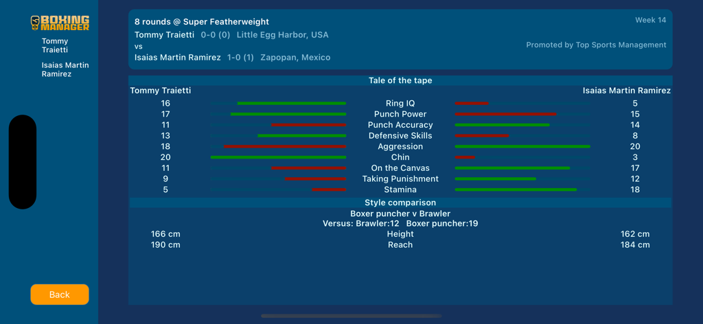 Boxing Manager - Tale of the tape screen comparing two boxers stats in Boxing Manager