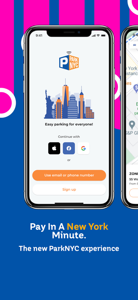 ParkNYC mobile app welcome screen with social login options and New York City skyline