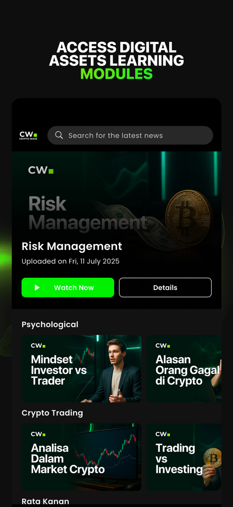 Interface of CryptoWave Media app featuring educational video modules on crypto risk management and trading psychology
