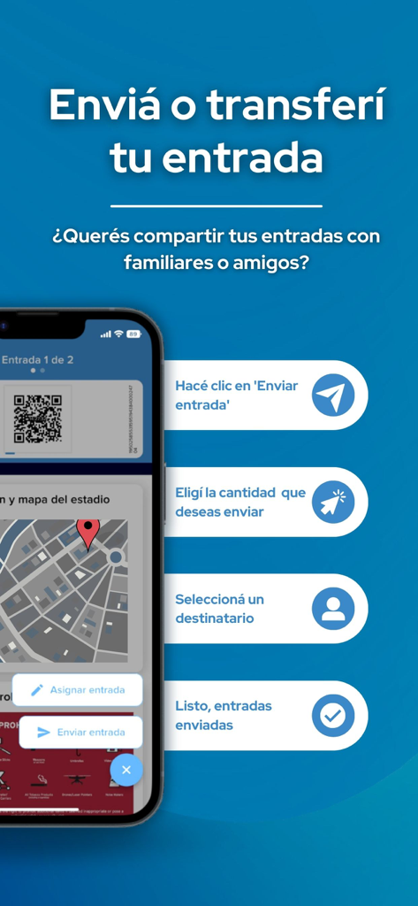 TuEntrada Wallet - Interface of the TuEntrada Wallet app showing the process to send or transfer event tickets to friends or family