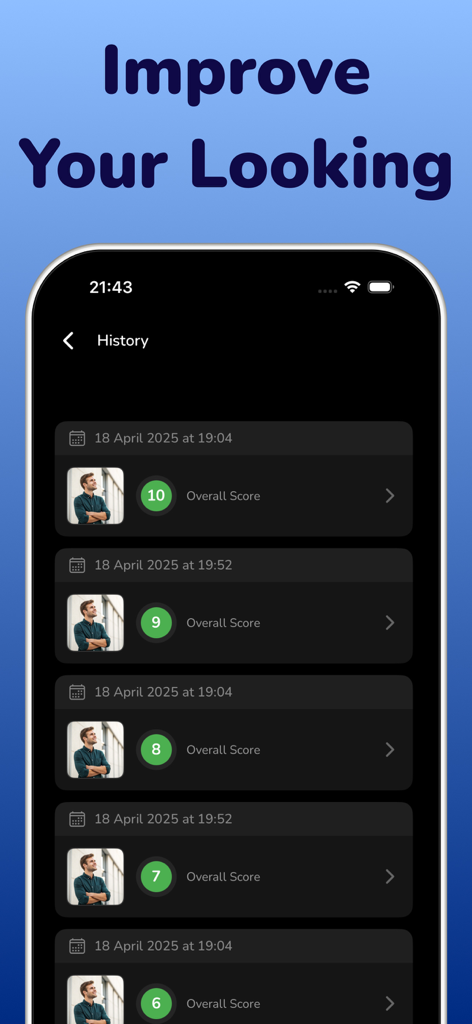 MaxLook: AI Face Rate & Looks - History screen of MaxLook app showing tracked AI face ratings and progress scores