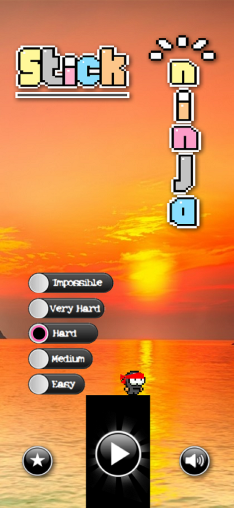 Stick Ninja - Stick Ninja main menu with difficulty level options and sunset background