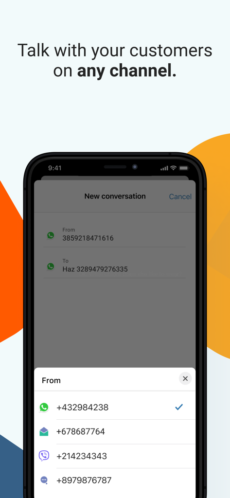Tela do aplicativo Infobip Conversations mostrando a seleção de diferentes canais de mensagens para uma nova conversa com o cliente