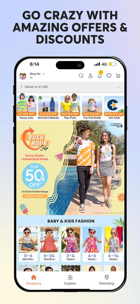 FirstCry India app interface showcasing shopping discounts and baby fashion categories by age